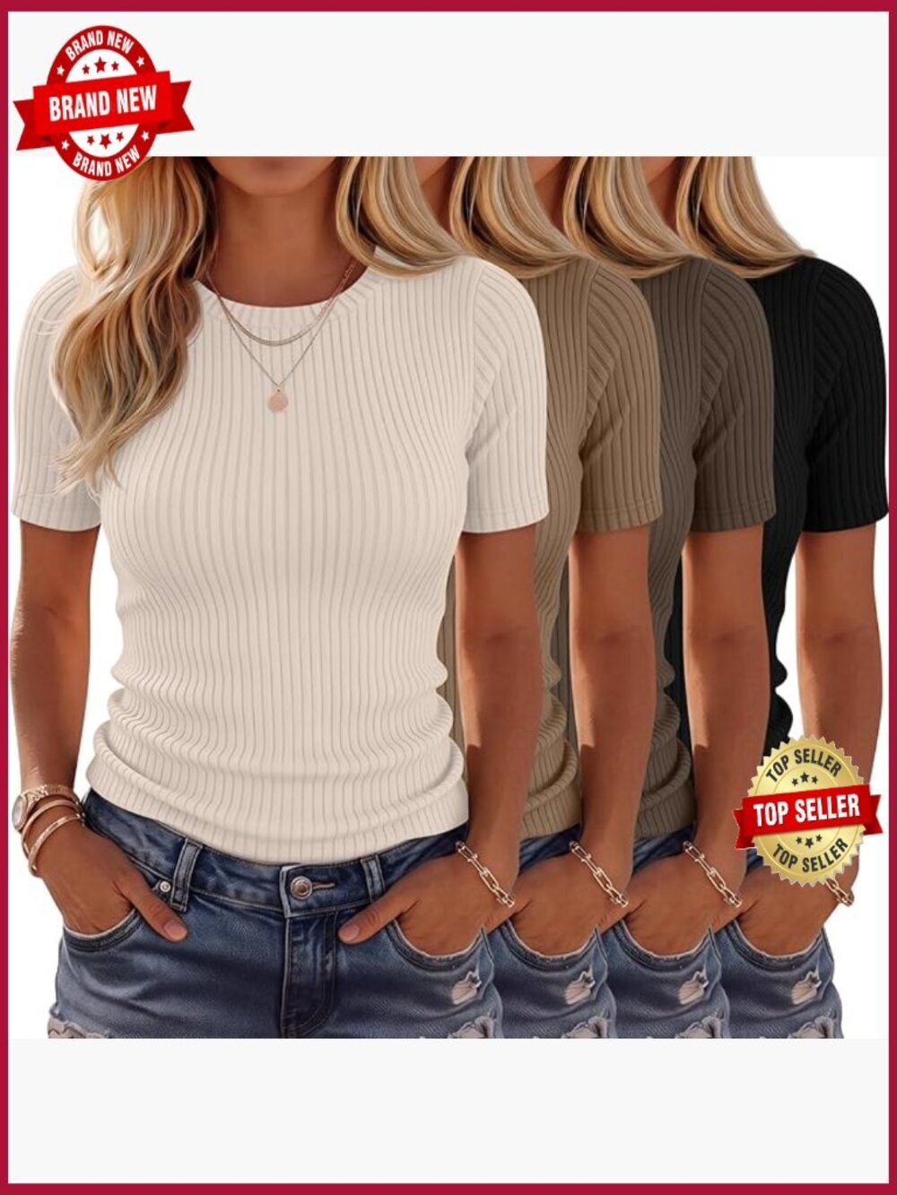 4 Pack Ribbed Cotton T-Shirts Short Sleeve Fitted Crew Neck Basic Tees